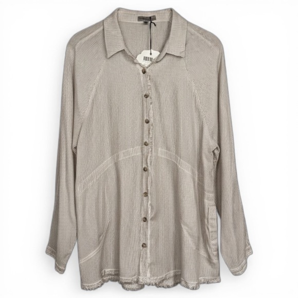 Wishlist Apparel Tops - Wishlist Apparel Taupe Stripe Frayed Button Down Shirt WL22-7145 S/M NWT